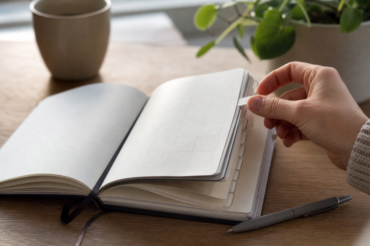 Hand använder en månadsflik i en almanacka