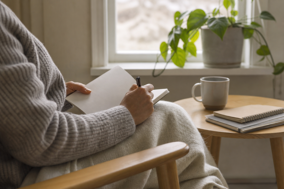 Öppen journalbok med handskrivna anteckningar och en kopp te bredvid på ett bord