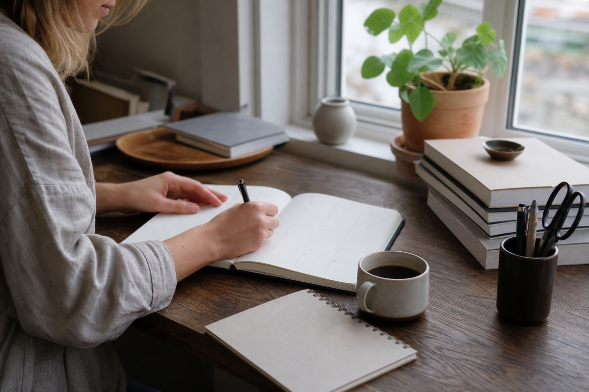 Person fyller i uppgifter i en planeringskalender