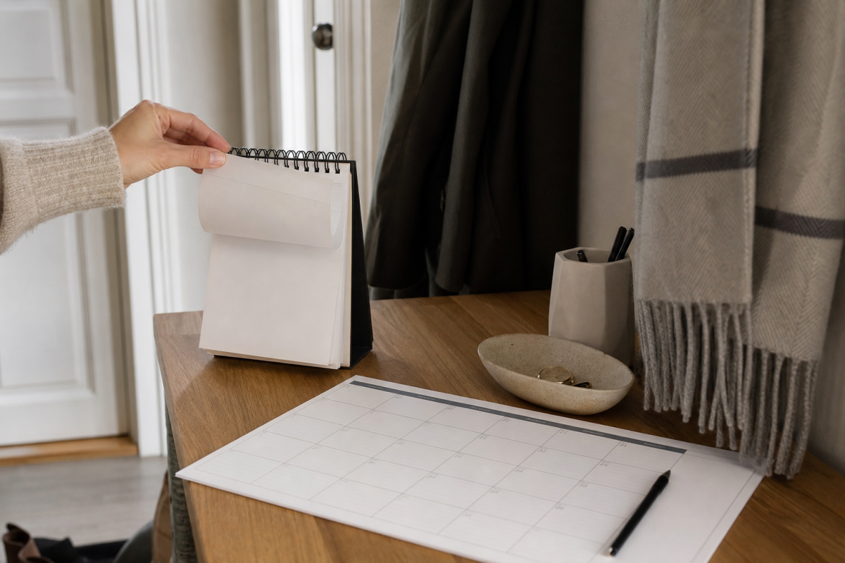 Hand vänder blad på en blädderkalender