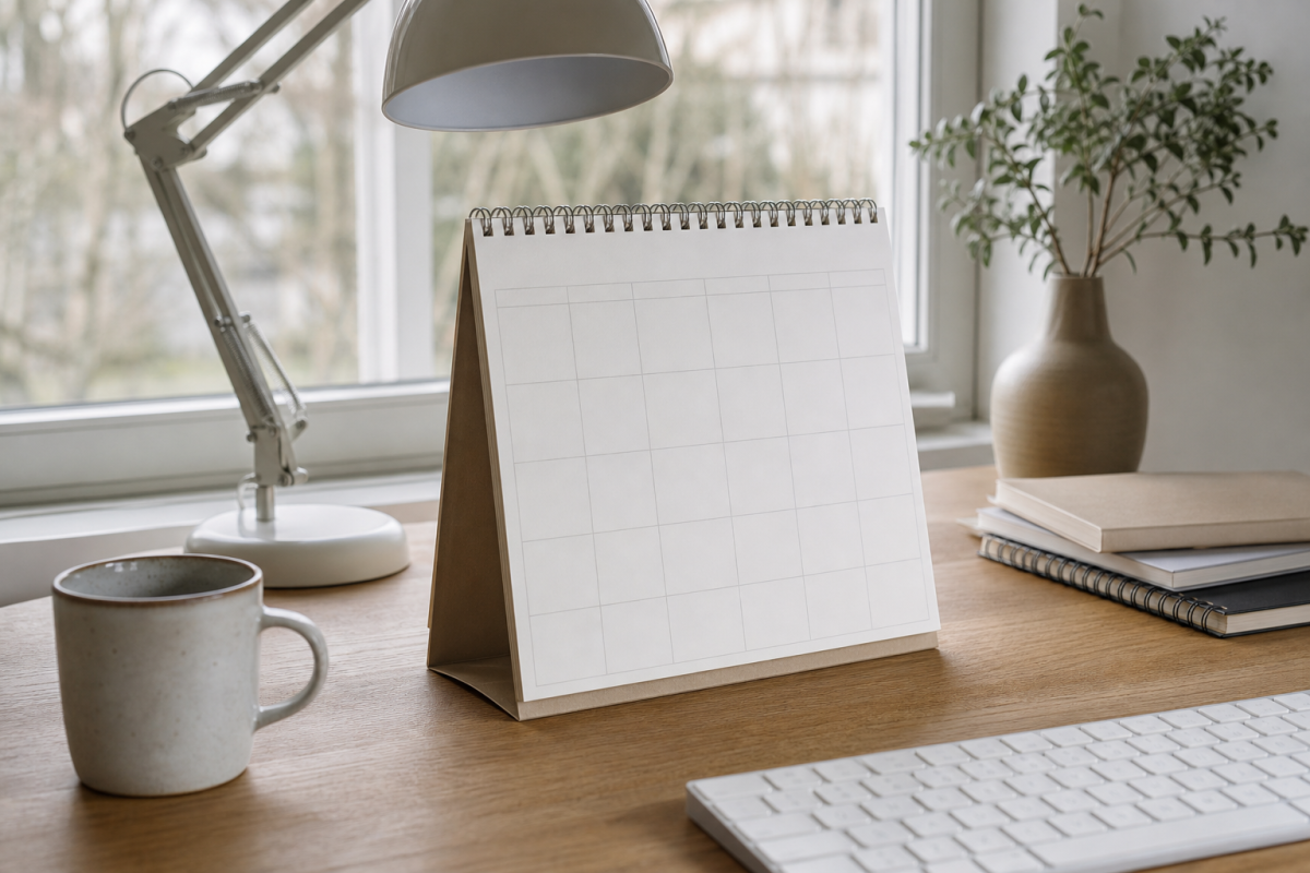Stående bordskalender bredvid tangentbord