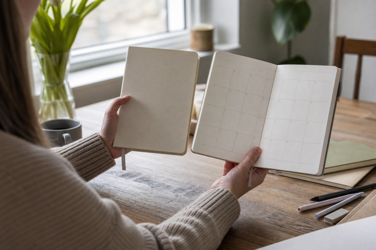 Person jämför en prickad journal och en daterad kalender