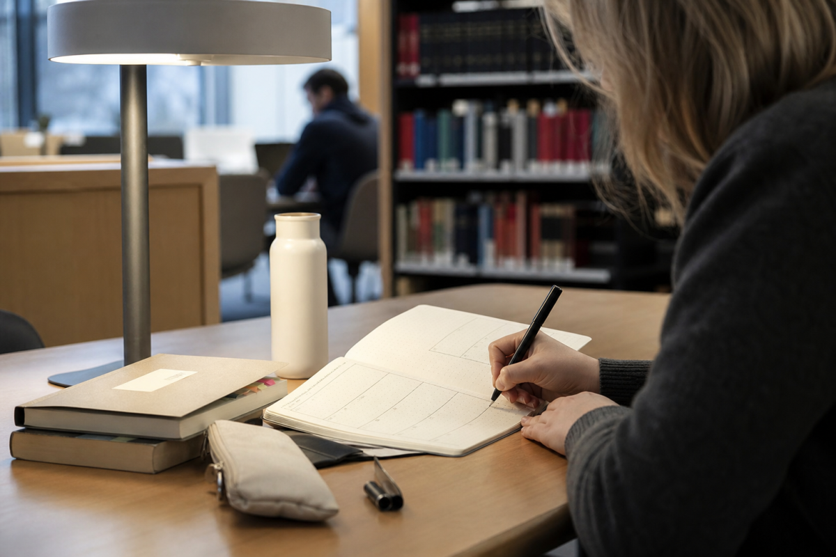 Student planerar studier i en prickad journal