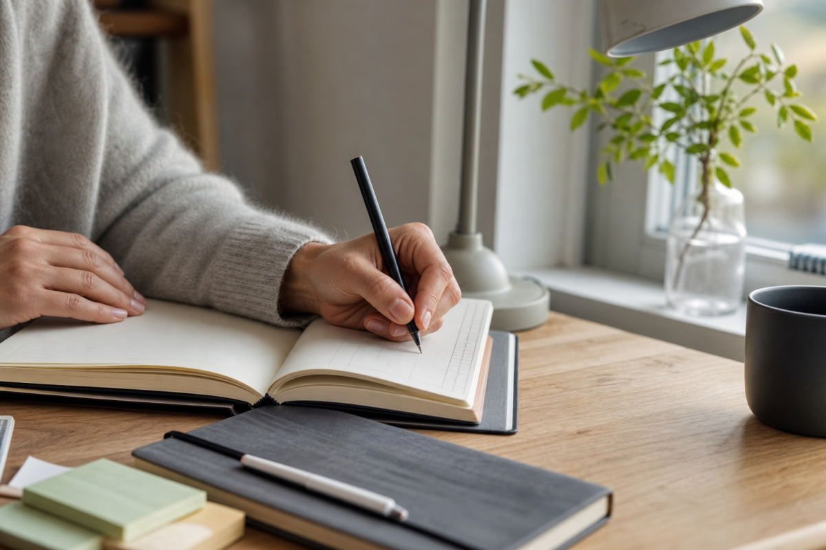 Hand skriver sidnummer i en journals index