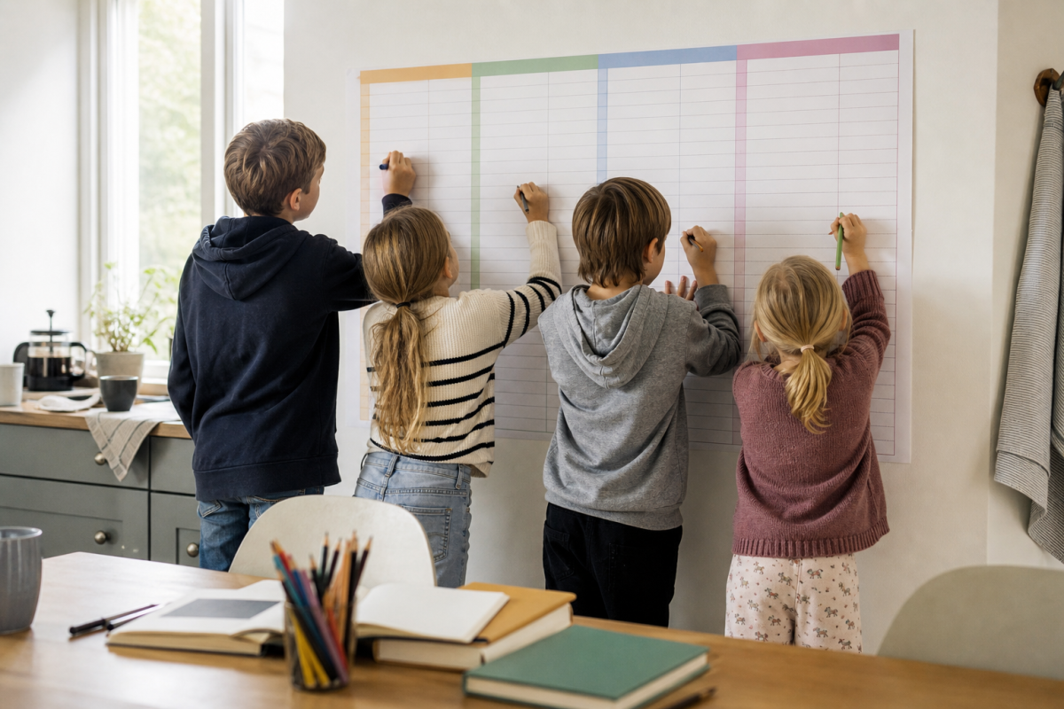Familj fyller i en väggkalender med många kolumner