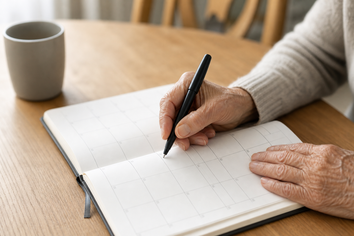 Äldre hand skriver i en kalender med stora rutor