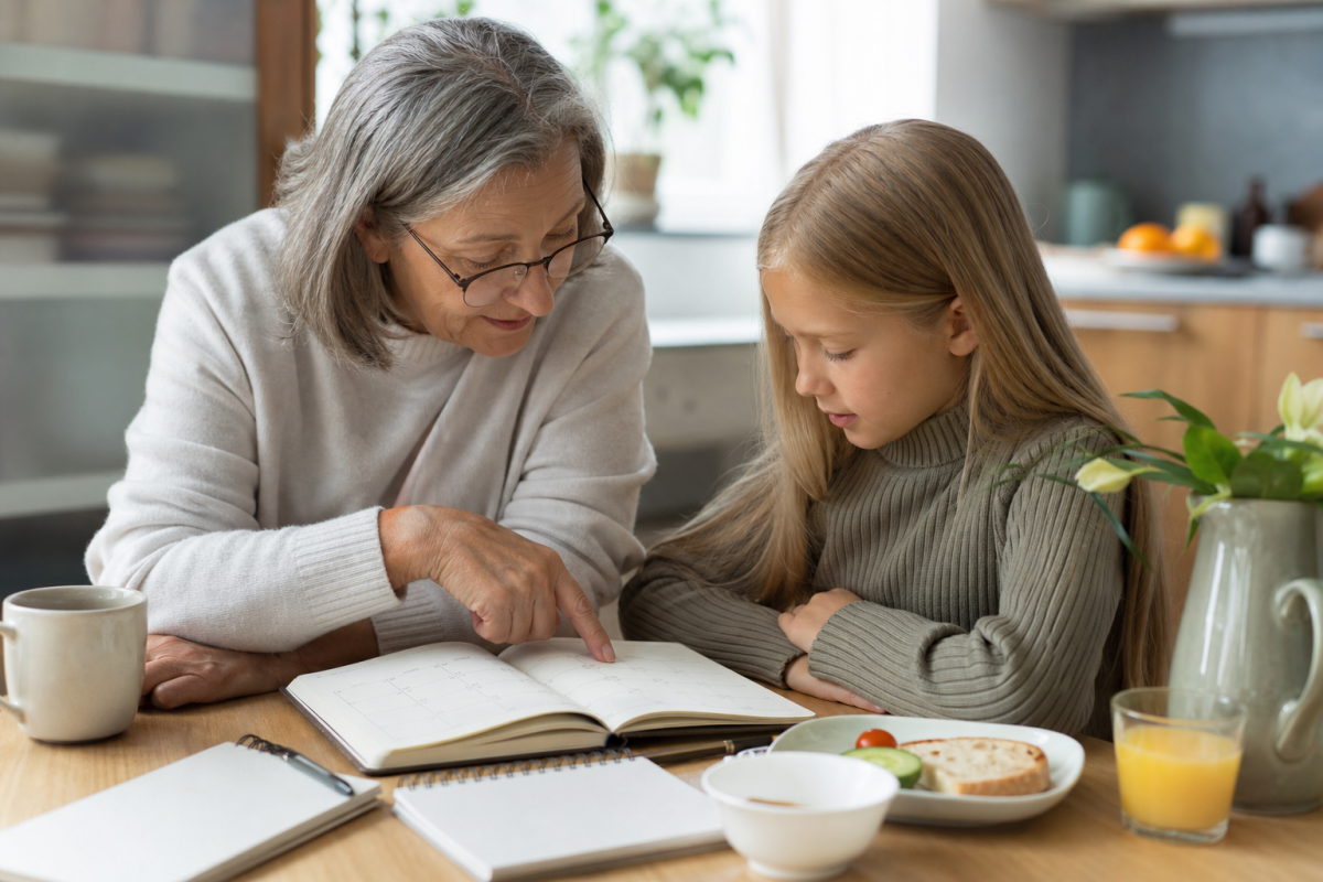 Mormor och barnbarn tittar på en namnsdag i kalendern