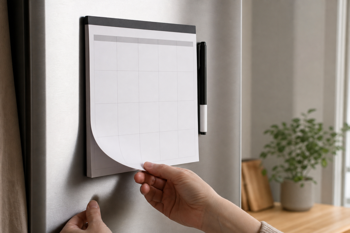 Magnetisk veckokalender på ett kylskåp