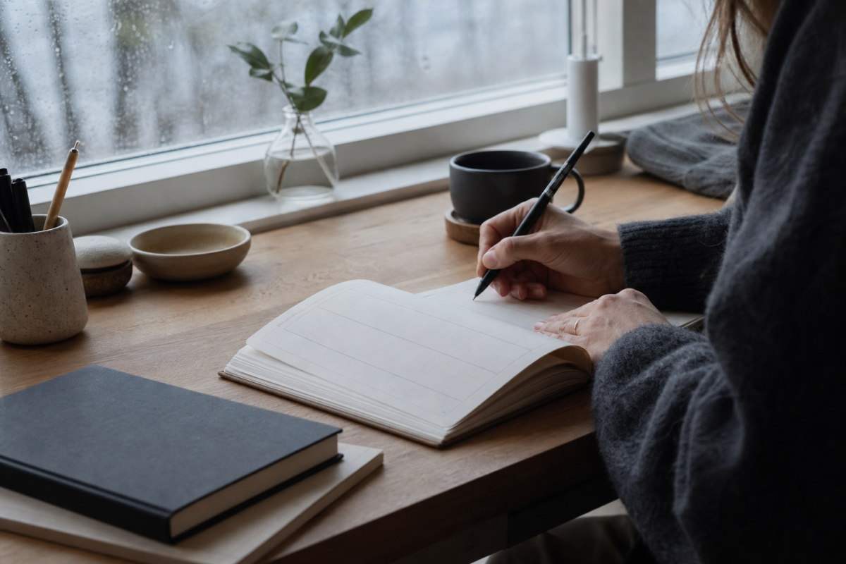 Person fyller i veckodagar i en odaterad planner