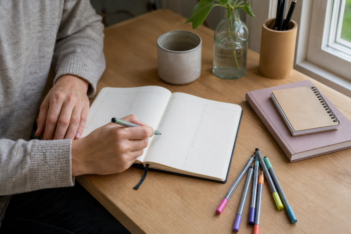 Öppen bullet journal med prickat papper och tre pennor i olika spetsbredder