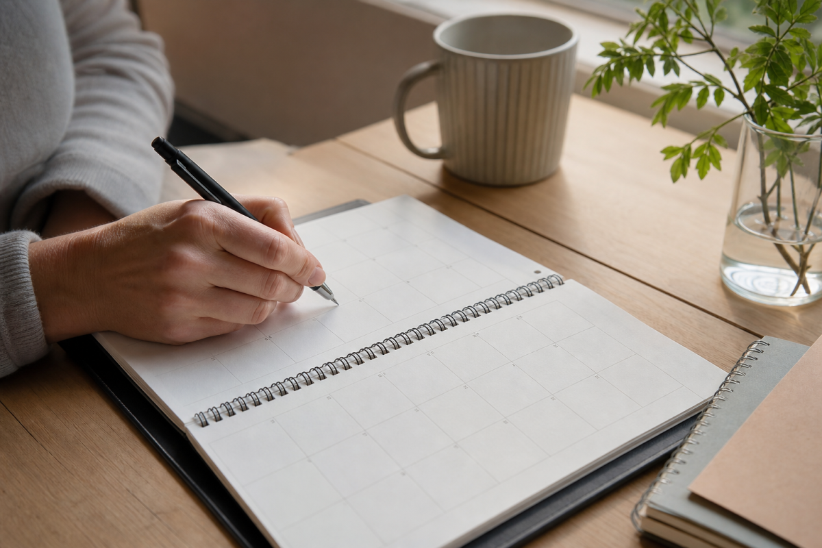Vänsterhänt person skriver i en öppen kalender med spiralbindning upptill