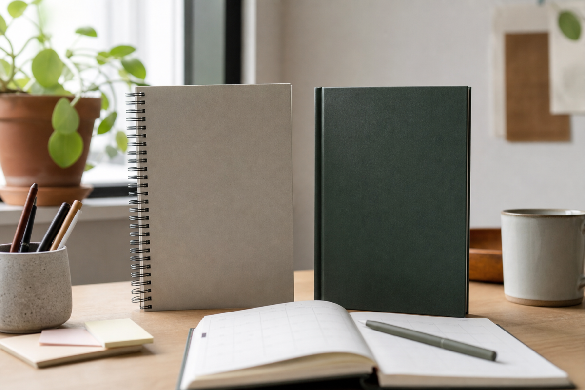 Spiralbunden och inbunden almanacka bredvid varandra