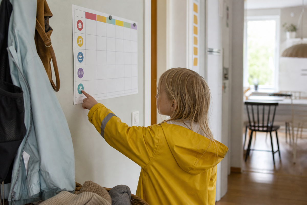 Barn pekar på aktivitet i en färgkodad väggkalender