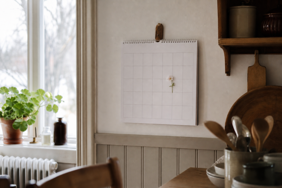 Väggkalender med synlig namnsdag i ett kök