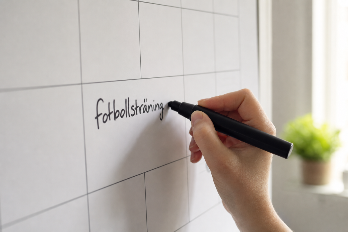 Hand skriver aktivitet i en stor kalenderuta