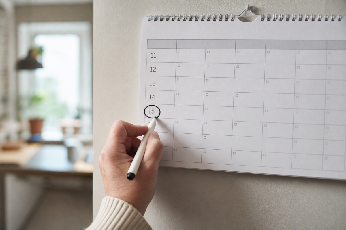 Vecka 15 är inringad på en väggkalender