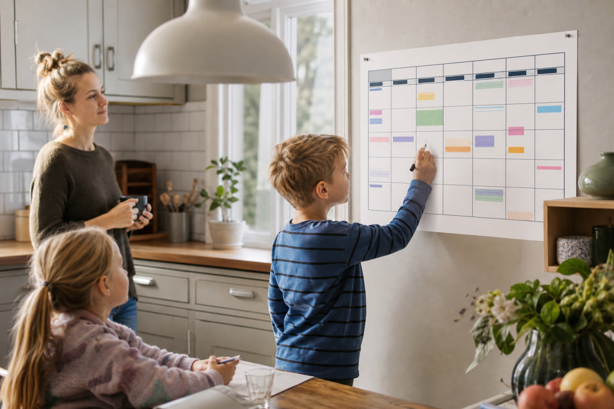 Stor väggkalender uppsatt i ett svenskt kök som ger hela familjen överblick över veckan
