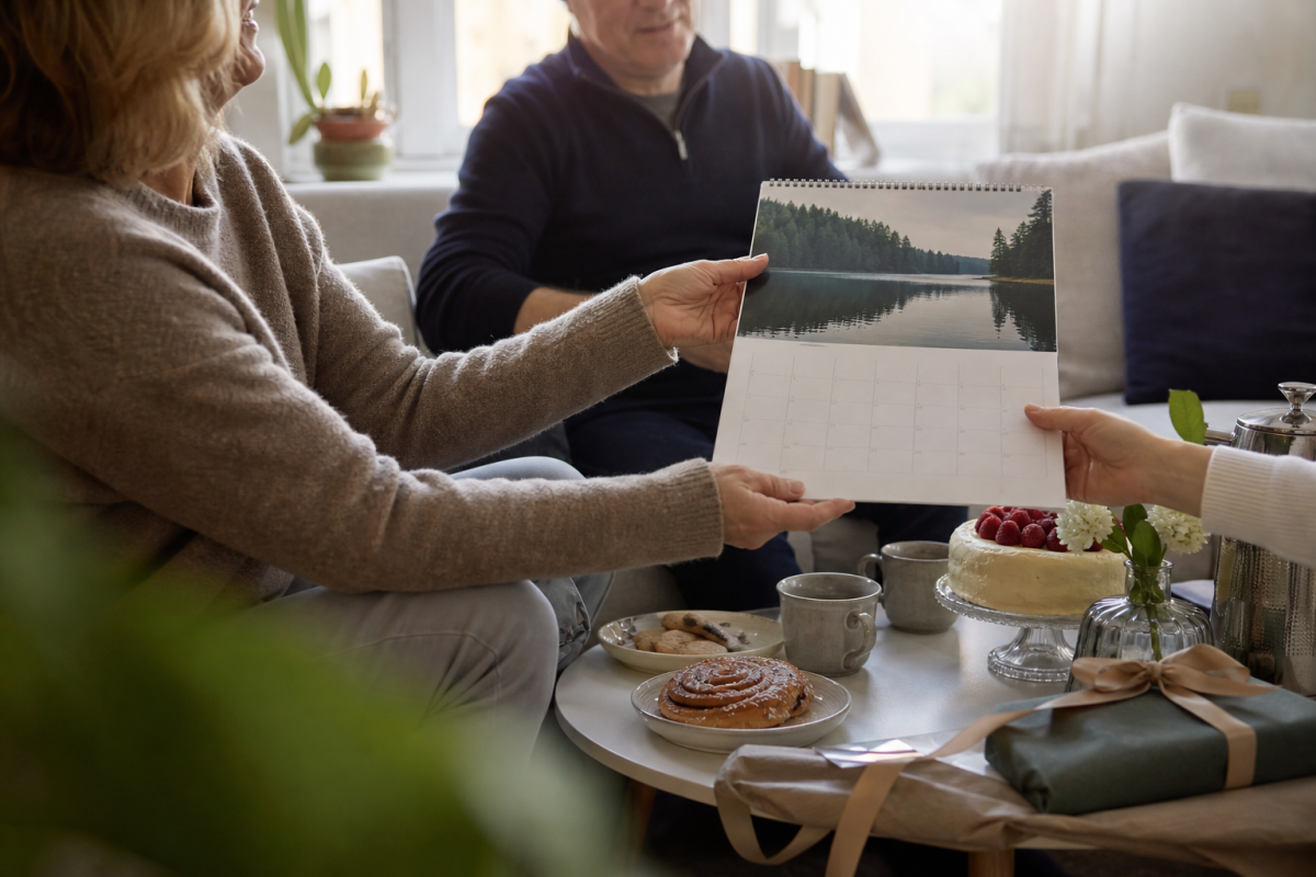 Person ger bort en väggkalender vid fika