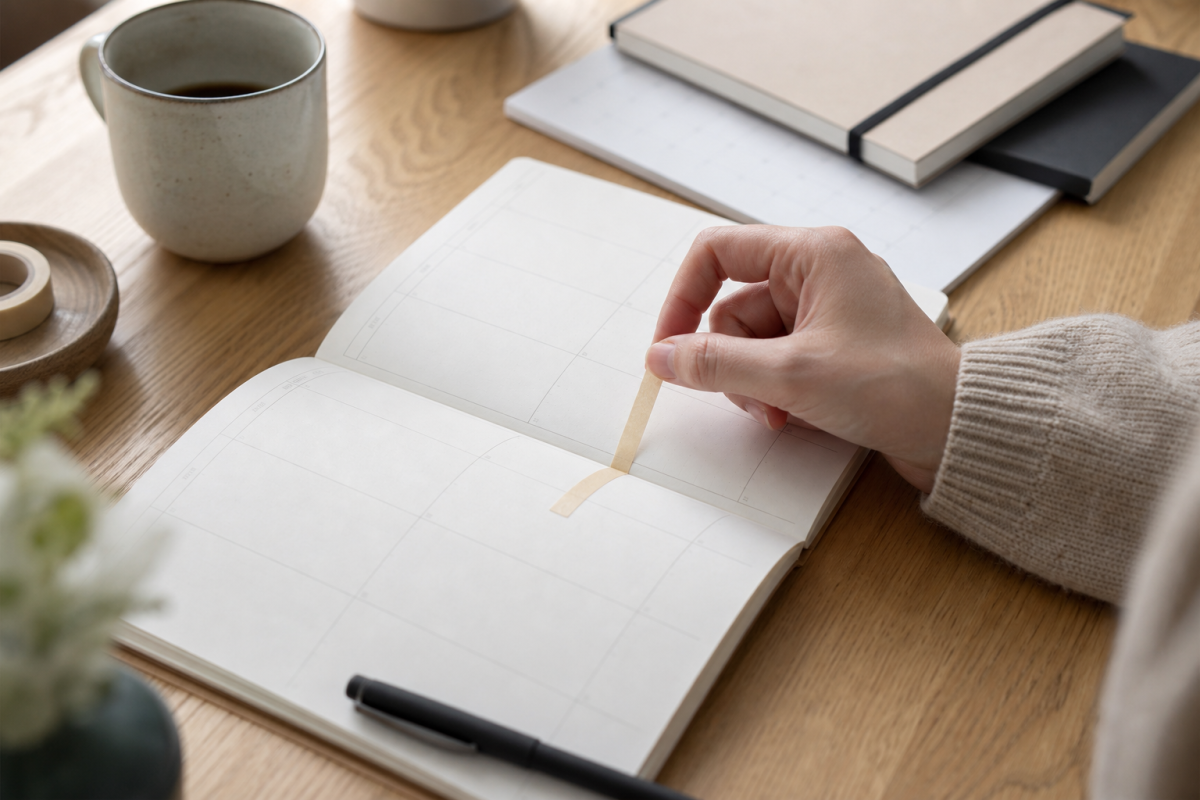 Hand sätter papperstejp i en planner